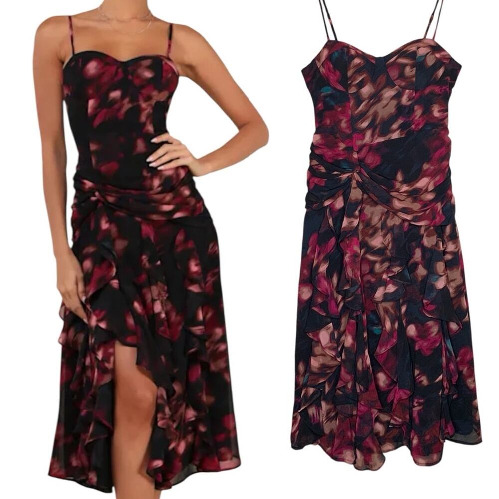 Lulu's Black Floral Midi Dress with Burgundy & Pink Accents